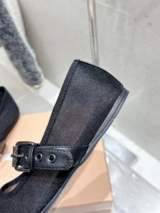 Prada Mary Jane shoes black mesh fabric leather strap with buckle flat soles