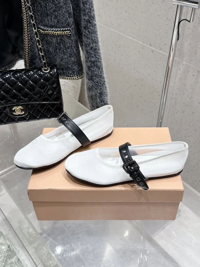 Miu Miu Mary Jane flats white fabric black leather strap buckle shoes