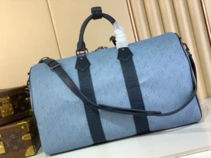 Louis Vuitton Keepall 50 M45945 light blue monogram canvas duffle bag black leather trim