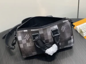 Louis Vuitton Keepall 55 N40167 grey checkered canvas duffle bag black leather handles