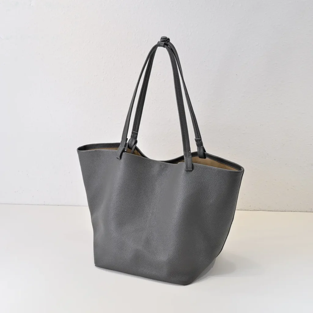 Generic Brand Leather Tote Bag Medium Size Grey color soft grained leather with double shoulder straps