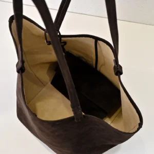 Unknown brand brown suede tote bag with beige suede interior and long shoulder straps