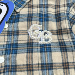Gucci plaid shirt beige blue pearl GG logo cotton flannel with buttons