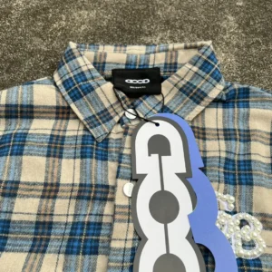 Cactus Plant Flea Market plaid shirt blue beige flannel cotton with pearl beaded logo embellishment