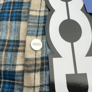 Undercover Blue Beige Checkered Shirt metal button close-up cotton fabric