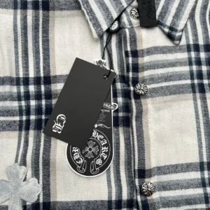Chrome Hearts plaid shirt black and white cotton with silver cross buttons and branded tags