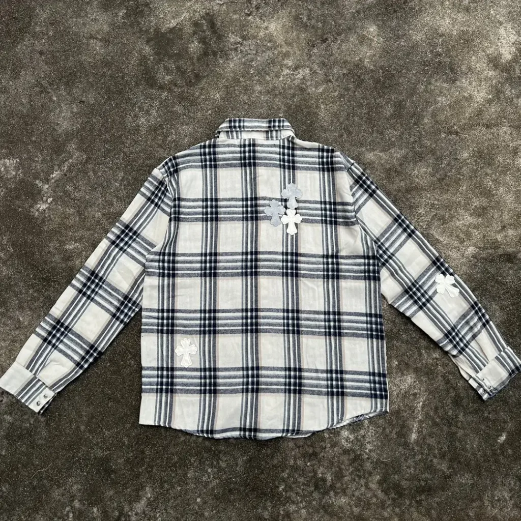 Chrome Hearts plaid shirt style CHLS001 black white cotton flannel with embroidered crosses on back and sleeve