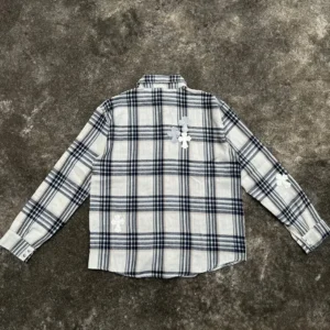Chrome Hearts plaid shirt style CHLS001 black white cotton flannel with embroidered crosses on back and sleeve