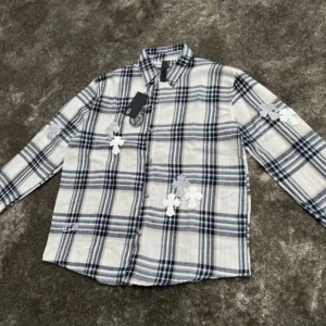 Chrome Hearts plaid shirt gray white black SKU with cross patches and metal buttons in cotton material
