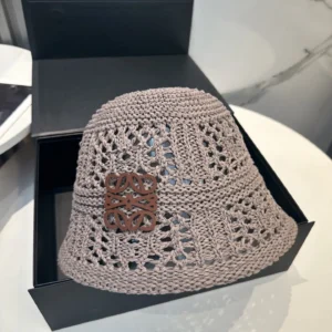 Loewe crochet bucket hat beige cotton with leather logo detail