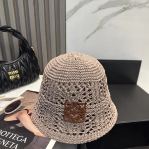 Loewe crochet bucket hat beige cotton with brown leather logo patch accessory