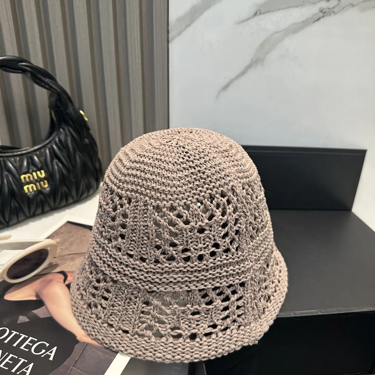 Bottega Veneta crochet bucket hat beige cotton open weave design summer accessory