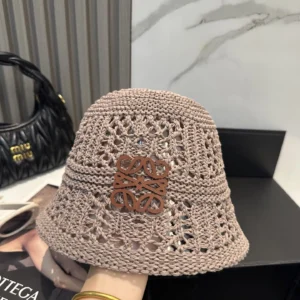 Loewe bucket hat beige crochet with leather logo patch summer accessory