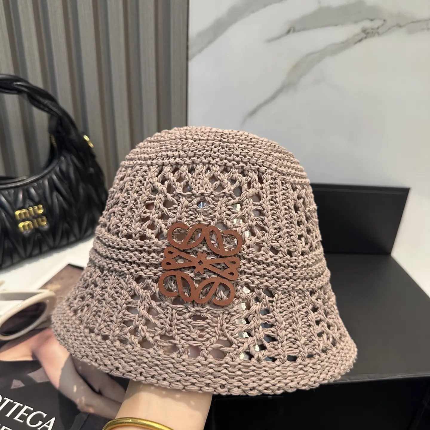 Loewe bucket hat beige crochet with leather logo patch summer accessory