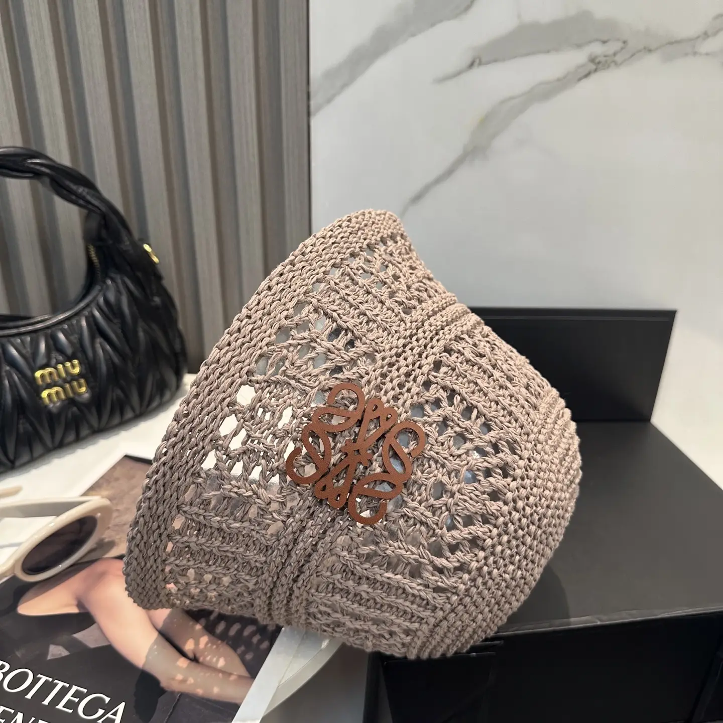 Loewe Paula's Ibiza crochet bucket bag beige cotton with leather logo applique