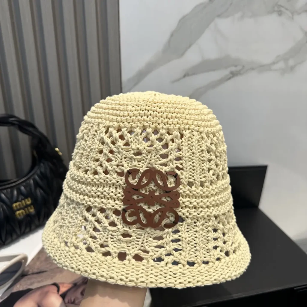Loewe bucket hat beige crochet cotton with brown leather logo patch accessory