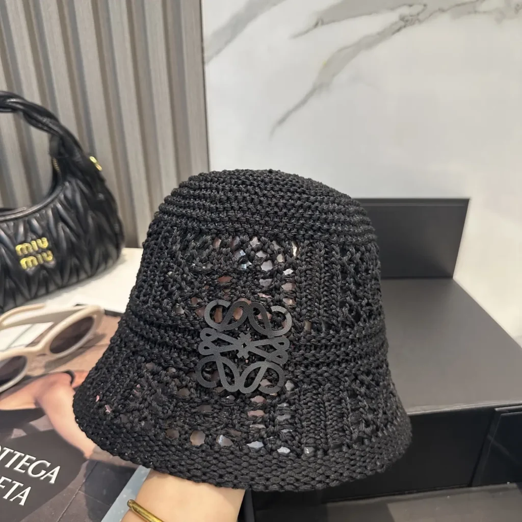 Loewe bucket hat black crochet cotton with black logo emblem accessory