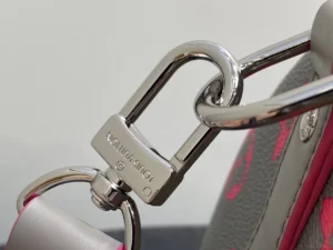Louis Vuitton bag silver metal clasp engraved logo gray canvas pink leather trim