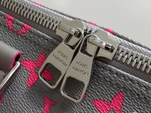 Louis Vuitton bag zipper pulls silver metal on grey monogram canvas with pink floral pattern leather trim