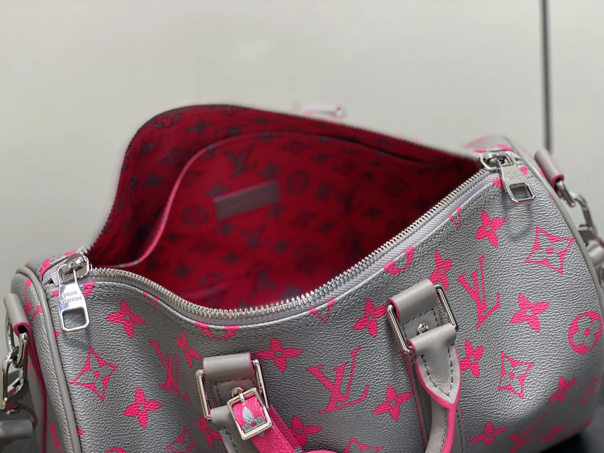 Louis Vuitton Speedy 30 M57445 monogram pink and gray coated canvas handbag leather trim