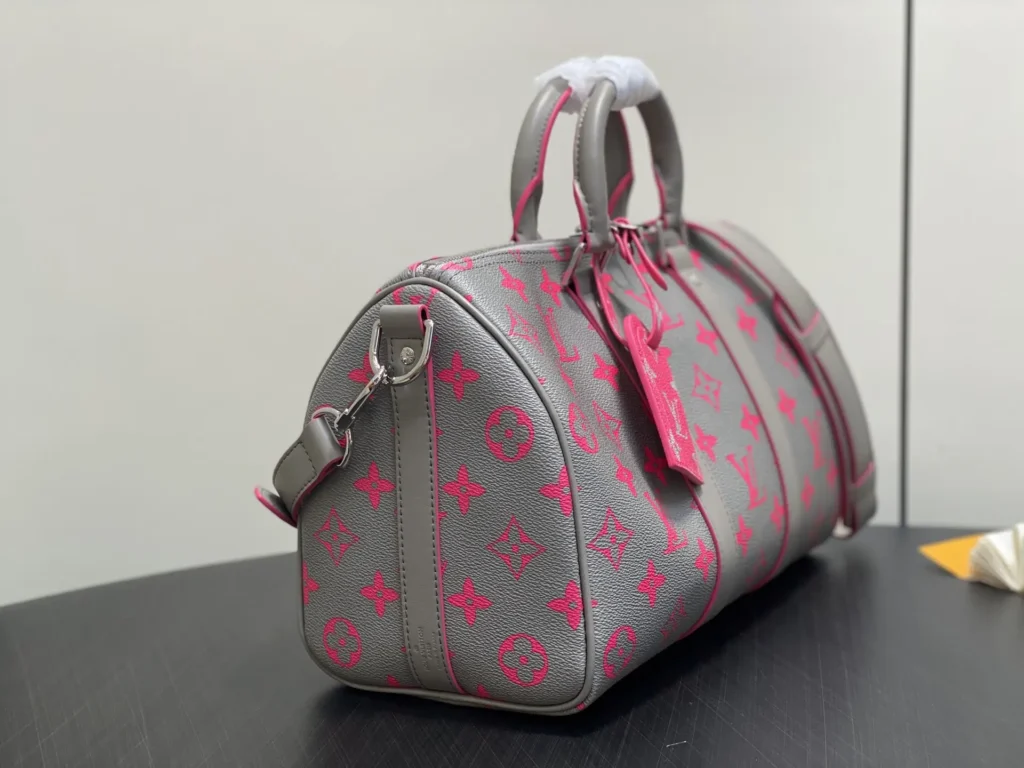 Louis Vuitton Keepall 45 M56782 grey canvas duffle bag with pink monogram leather accents