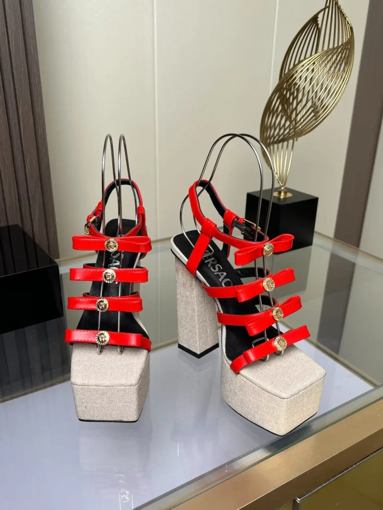 Versace platform sandals red leather straps beige fabric block heels gold Medusa button details