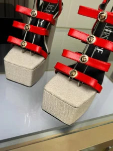 Versace high heel sandals red leather straps beige fabric platform with gold Medusa emblem accents