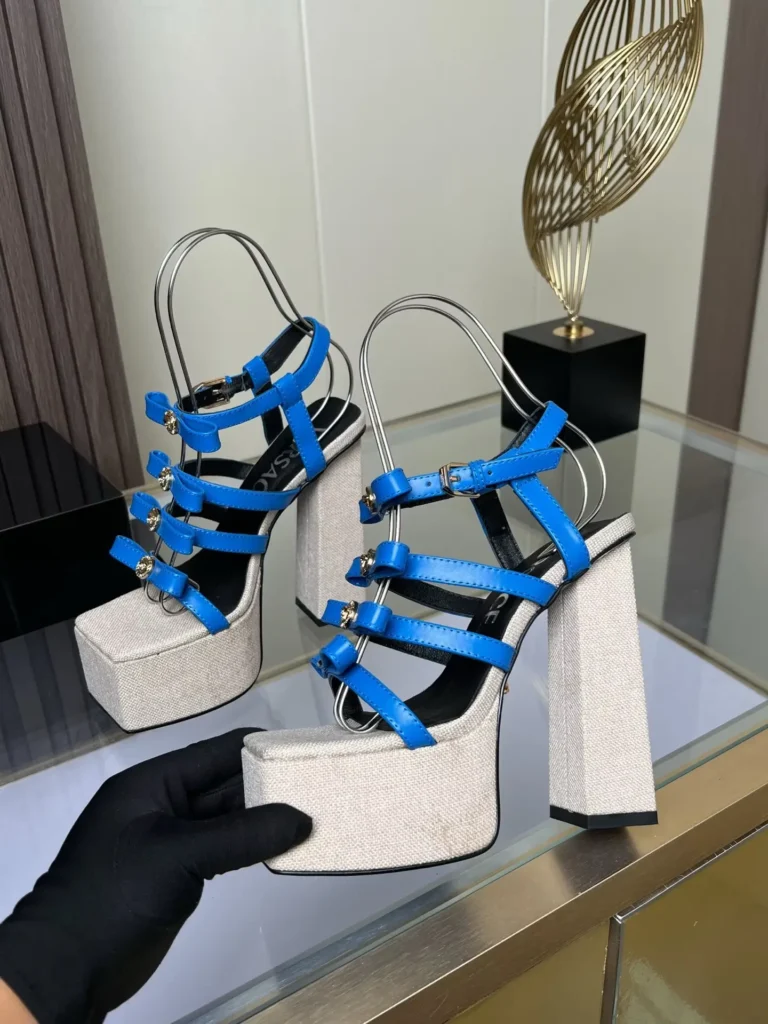 Versace platform sandals blue leather straps beige fabric block heel high heel shoes