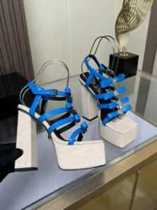 Versace platform sandals blue leather straps beige fabric chunky heels with gold Medusa button details