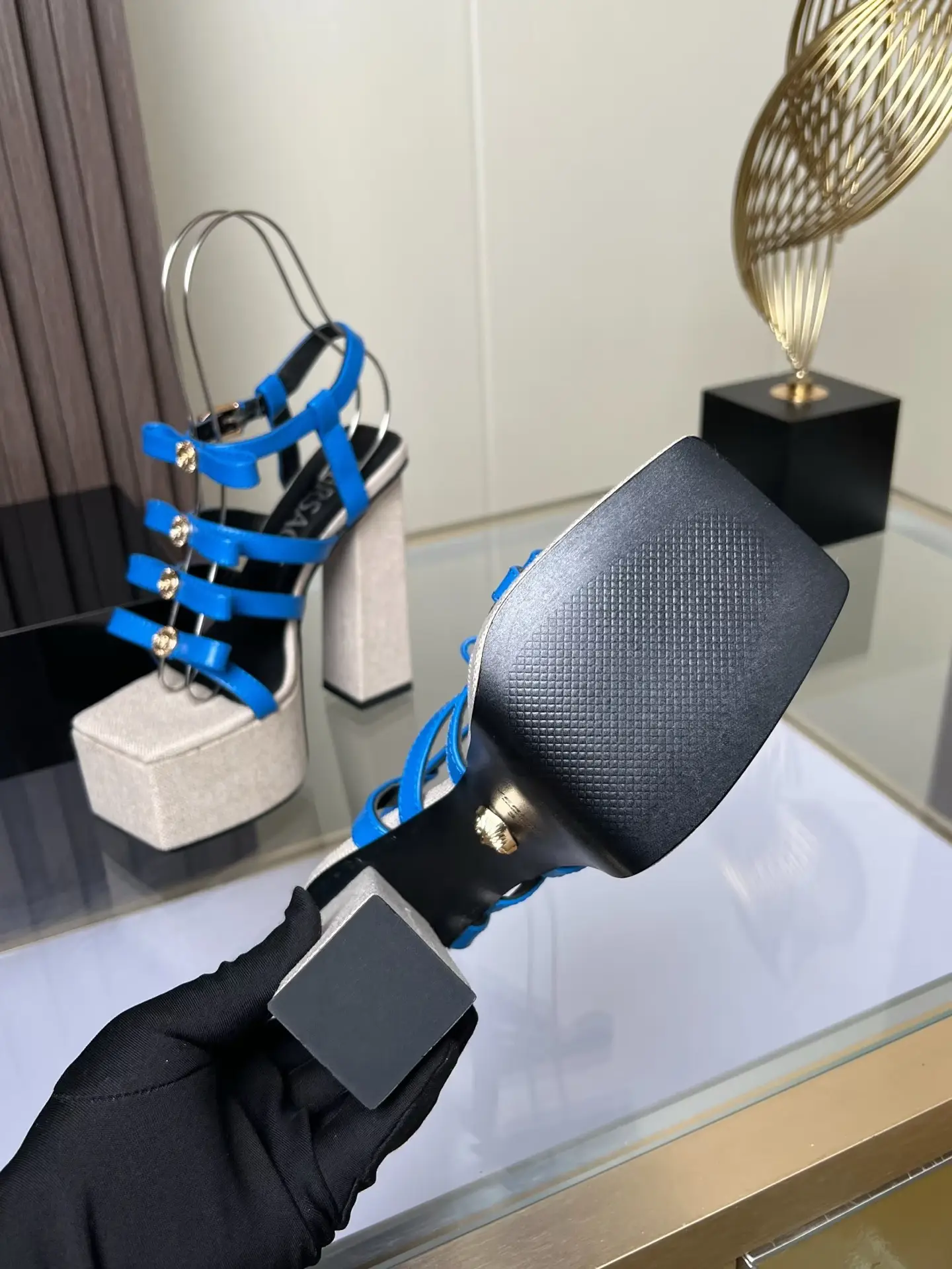 Versace platform sandal blue leather straps beige suede chunky heel high heel shoes