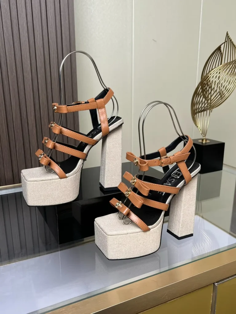 Versace platform sandals tan leather straps beige fabric chunky heels with gold Medusa accents sneakers
