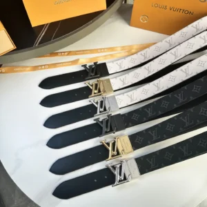 L0UIS VUITT0N Donkey Men's Belts displayed on a surface, featuring various designs and colors, showcasing premium craftsmanship and luxury style.