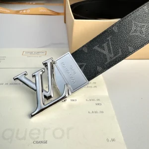 L0UIS VUITT0N Donkey Men's Belt featuring a silver logo buckle and black leather strap, displayed on a receipt and box, representing luxury fashion accessories for sale.