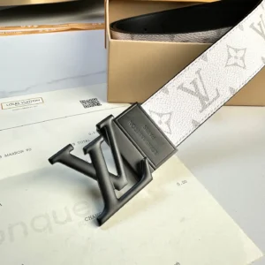 L0UIS VUITT0N Donkey Men's Belt featuring a black and white canvas design with iconic LV logo, displayed on a surface with packaging and care instructions.