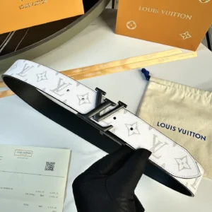L0UIS VUITT0N Donkey Men's Belt featuring white canvas with iconic LV monogram, black leather lining, and signature hardware, displayed with packaging and care pouch.