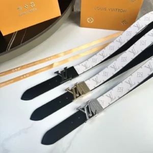 L0UIS VUITT0N Donkey Men's Belt featuring a classic canvas design, calf leather lining, and distinctive LV logo buckles, displayed alongside branded packaging.