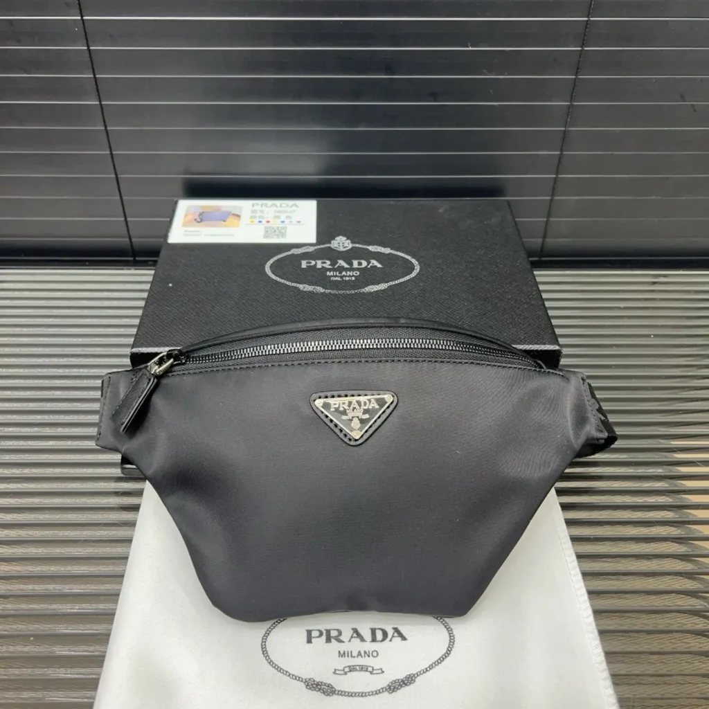 Prada nylon belt bag black small size silver hardware leather trim