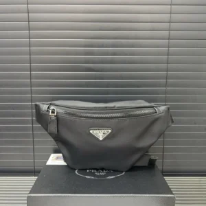 Prada nylon belt bag black nylon compact size with silver zipper and logo plaque
