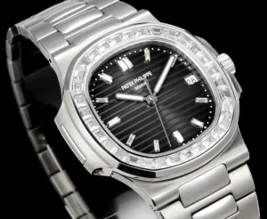 Patek Philippe Nautilus black dial diamond bezel stainless steel case and bracelet watch