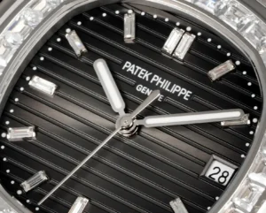 Patek Philippe Nautilus black dial diamond bezel stainless steel luxury watch close-up dial view