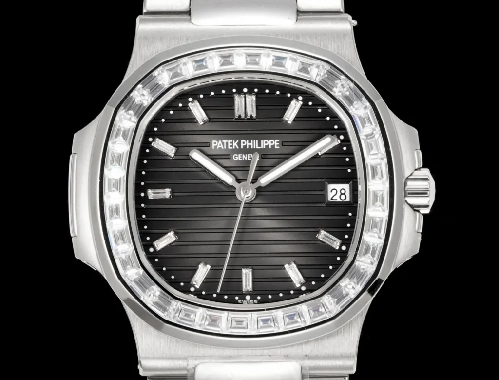 Patek Philippe Nautilus black dial diamond bezel stainless steel luxury watch