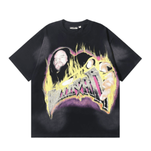 Helistar graphic t-shirt black cotton short sleeve with colorful flame and portrait design