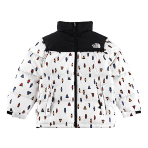 The North Face Nuptse Jacket white with black yoke patterned down insulated outerwear