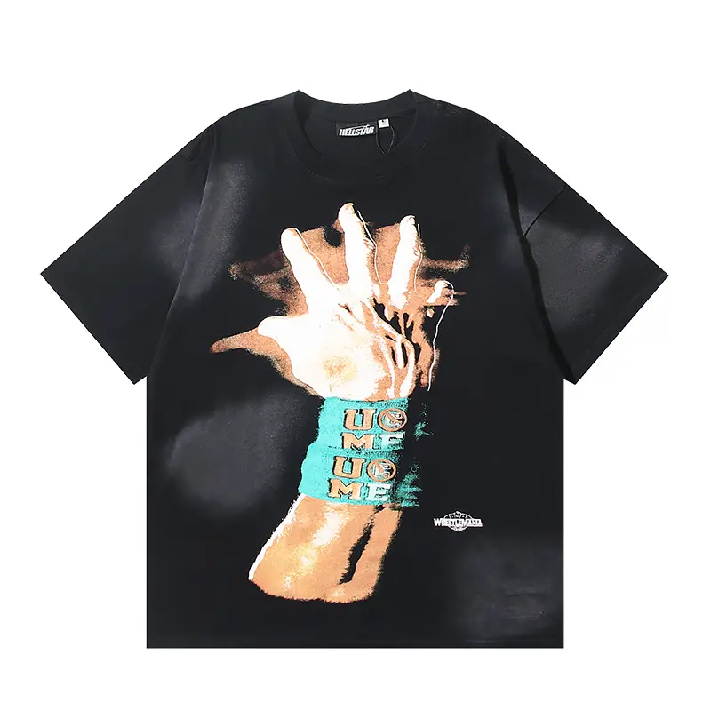Helistar graphic t-shirt black cotton with hand print and teal "U C Me" wristband design