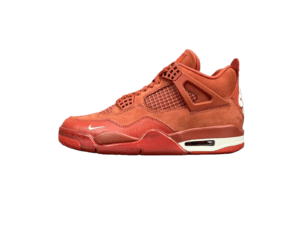 Nike Air Jordan 4 Retro Fire Red orange suede leather sneakers with mesh panels and white Nike swoosh
