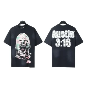 Nike graphic t-shirt black cotton with colorful screaming face front and white Austin 3:16 text back