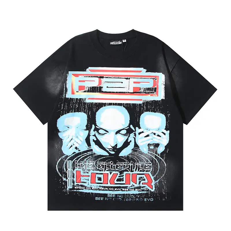 Helistar graphic t-shirt black cotton with futuristic face and text print design