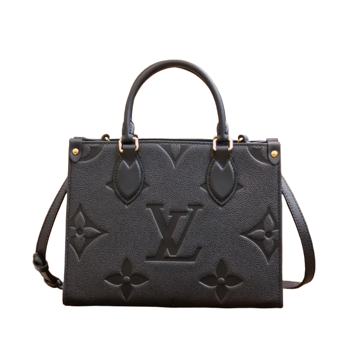 Louis Vuitton OnTheGo GM tote bag black embossed leather large size with top handles and shoulder strap