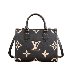 Onthego PM Bicolor Monogram Empreinte Leather Bag in black and beige with Louis Vuitton logo, showcasing luxury design and compact style.