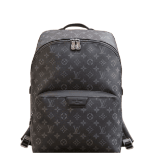 Discovery Backpack in Monogram Eclipse by Louis Vuitton, featuring a black floral pattern, durable construction, and calf leather shoulder straps, designed for versatile use by both men and women.